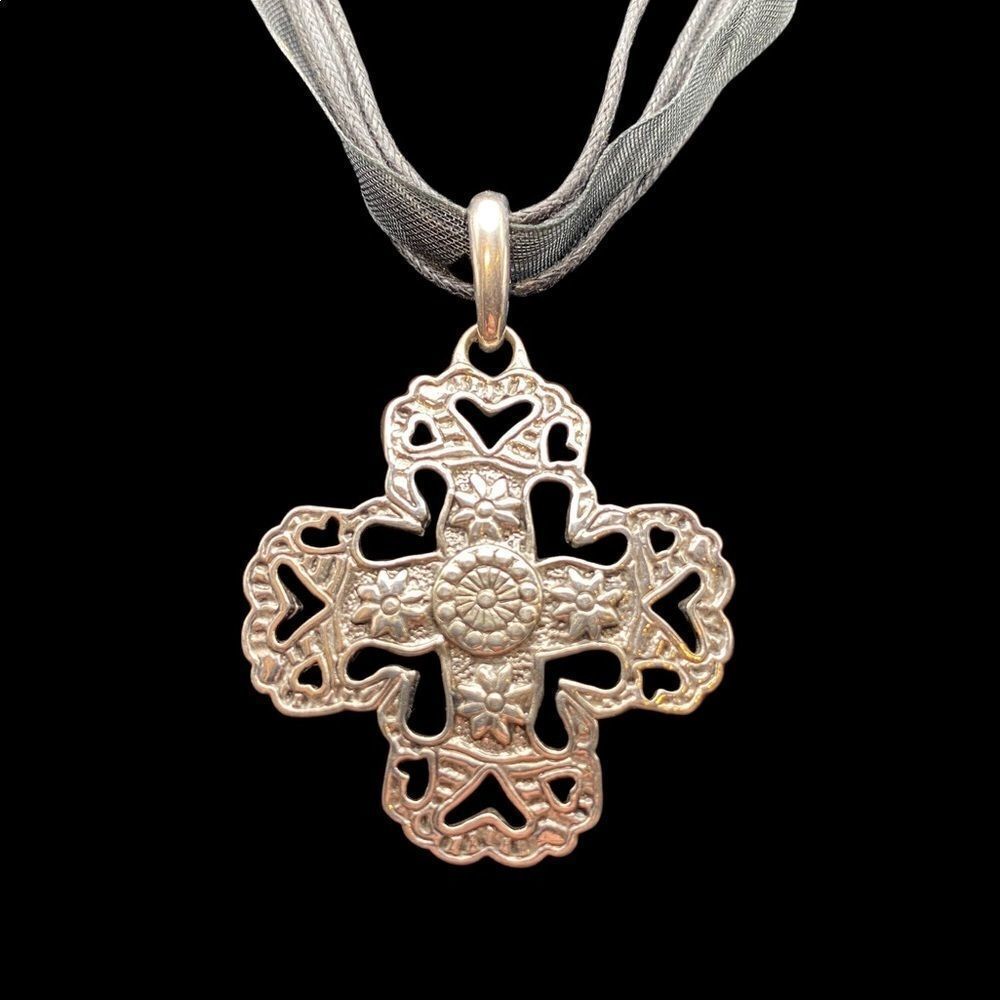Vintage Premiere designs Filigree Silver Cross heart Necklace black fabric 18”